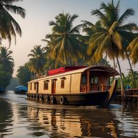 Traditional houseboat in Alleppey Kerala backwaters with lush greenery