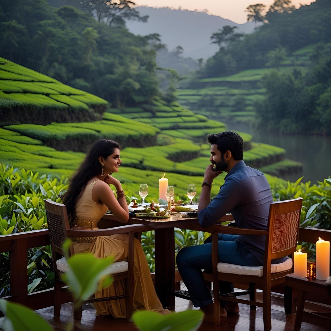 Couple in Munnar tea plantations during Kerala honeymoon tour 