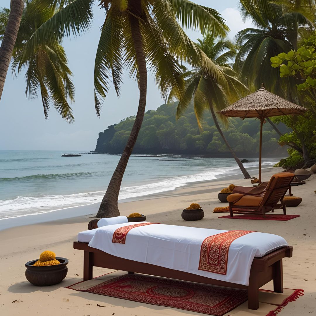 Tourist enjoying Ayurvedic massage in Kerala wellness resort by the sea 